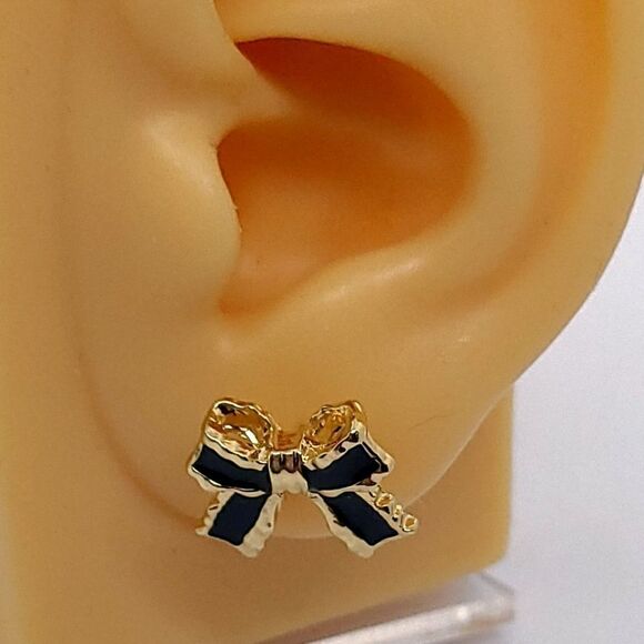 Black & Gold Bow Ribbon Earrings On Trend Bowtie Detail Shaped Bowknot Studs - Picture 6 of 10